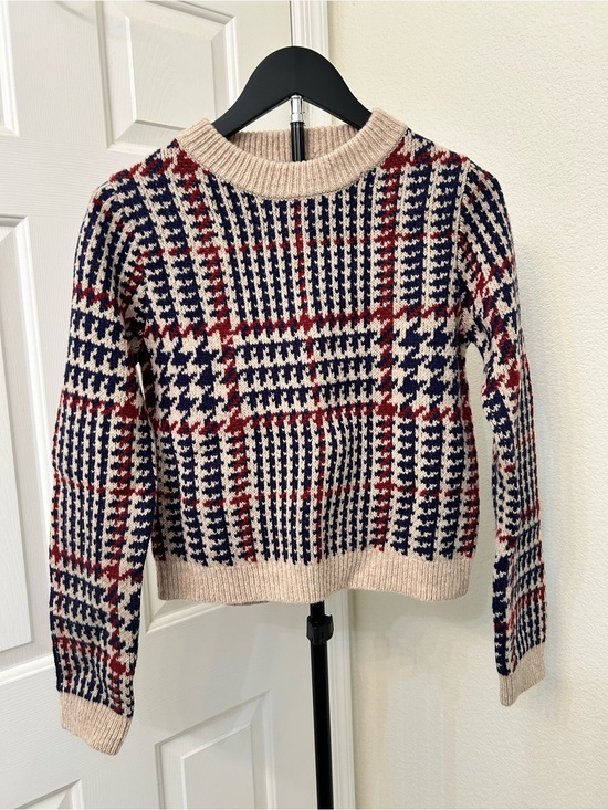 Zara Sweaters - NWT Zara Beige Crewneck Sweater with Navy & Red Plaid